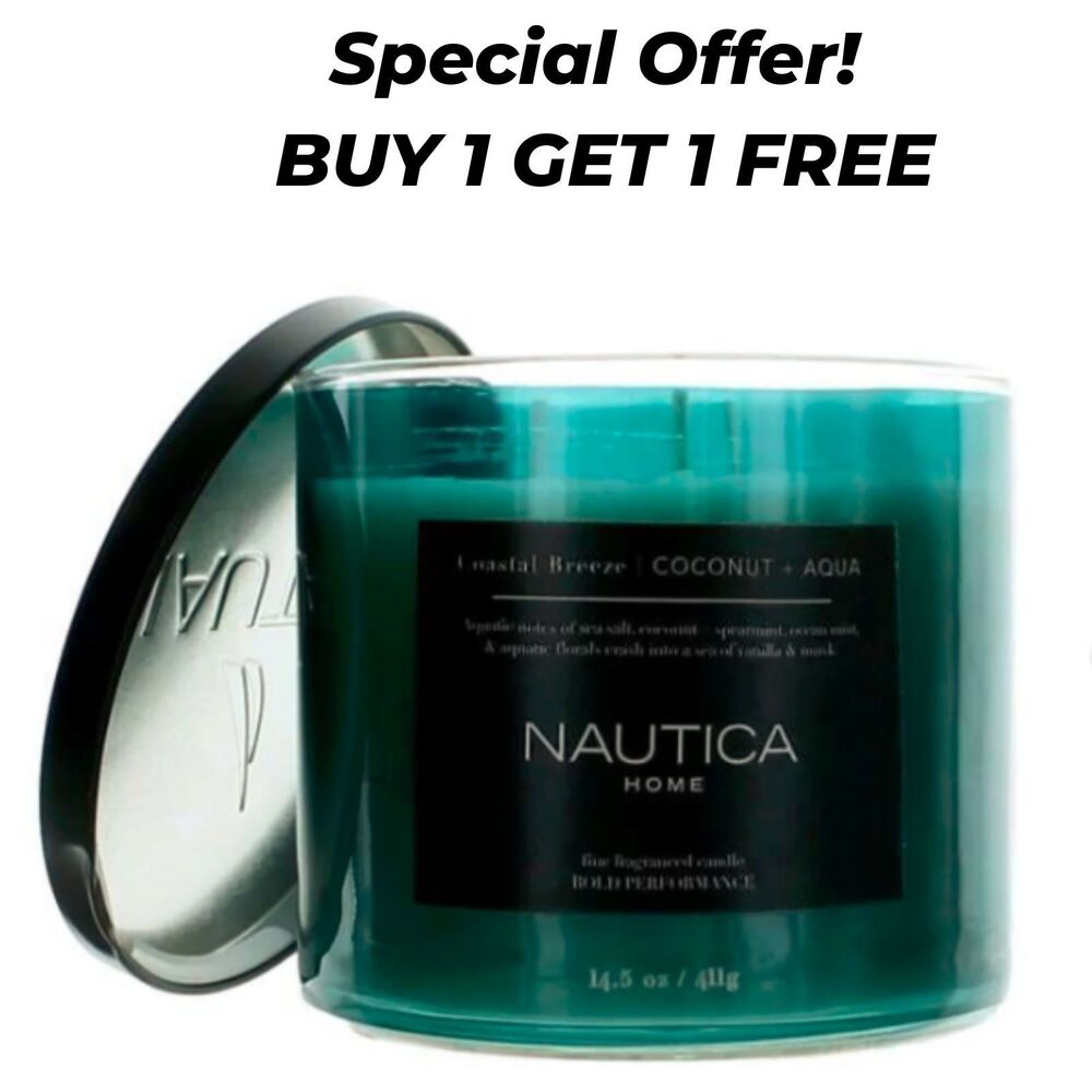 NAUTICA Coastal Breeze Coconut Aqua 3-Wick Soy Candle 14.5oz ~ Buy 1 Get 1 FREE!